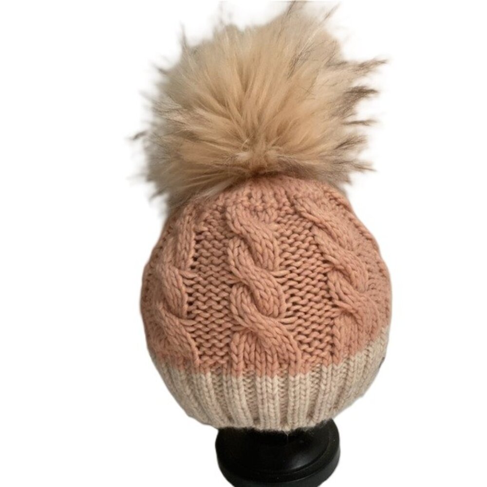 WOOL Blend Cable Knit Pom Dusty Rose and Cream Beanie Hat